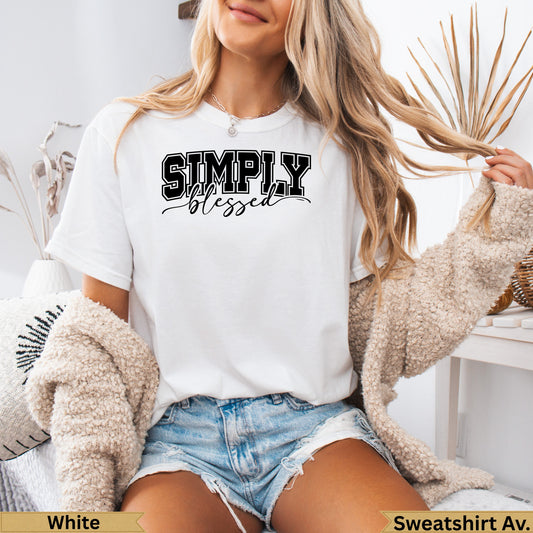 White t-shirt with "SIMPLY blessed" text, modeled by a woman.