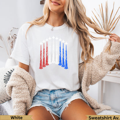 White t-shirt with red, white, and blue jet contrails forming an arc.