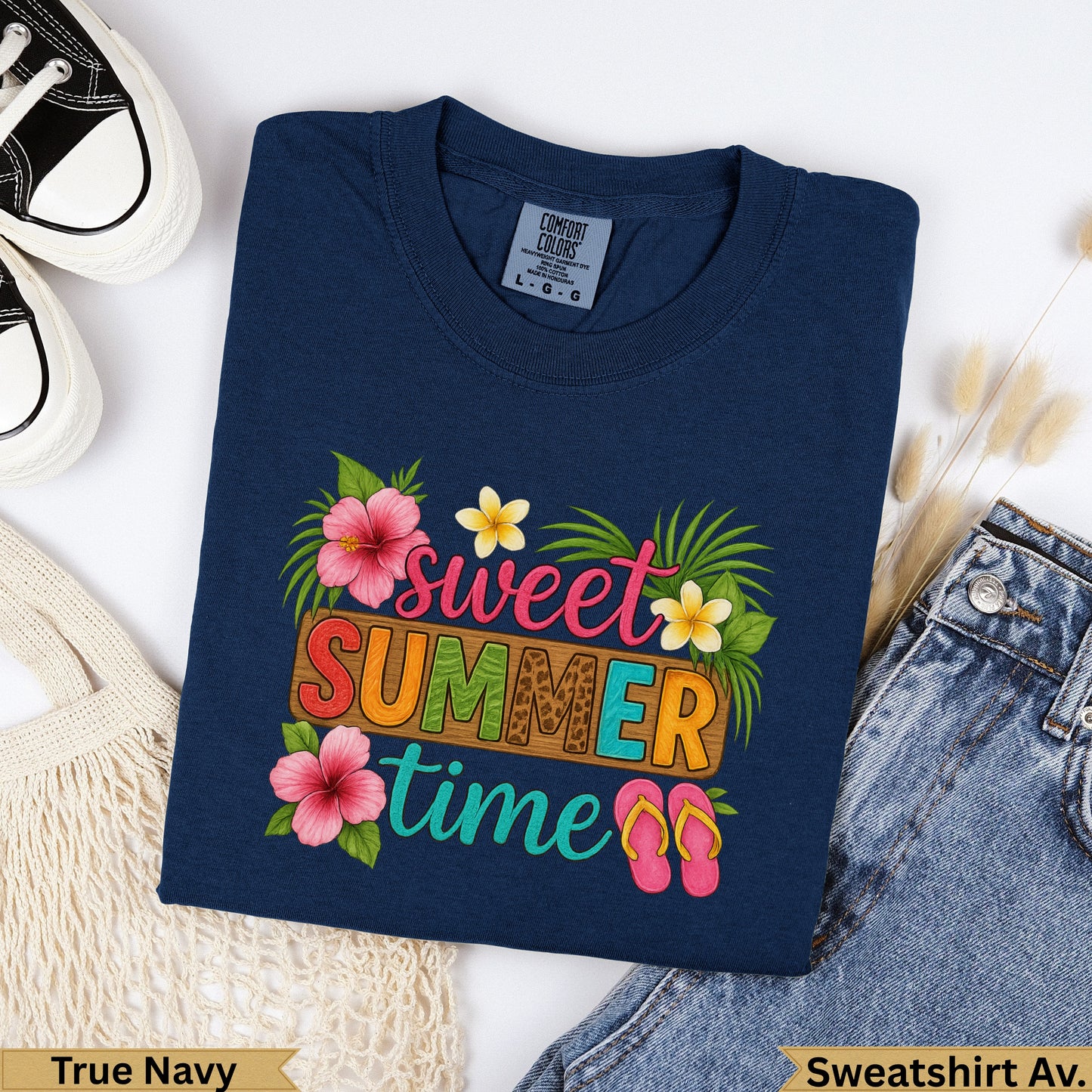 Navy sweatshirt with "sweet summer time" text and tropical flowers.