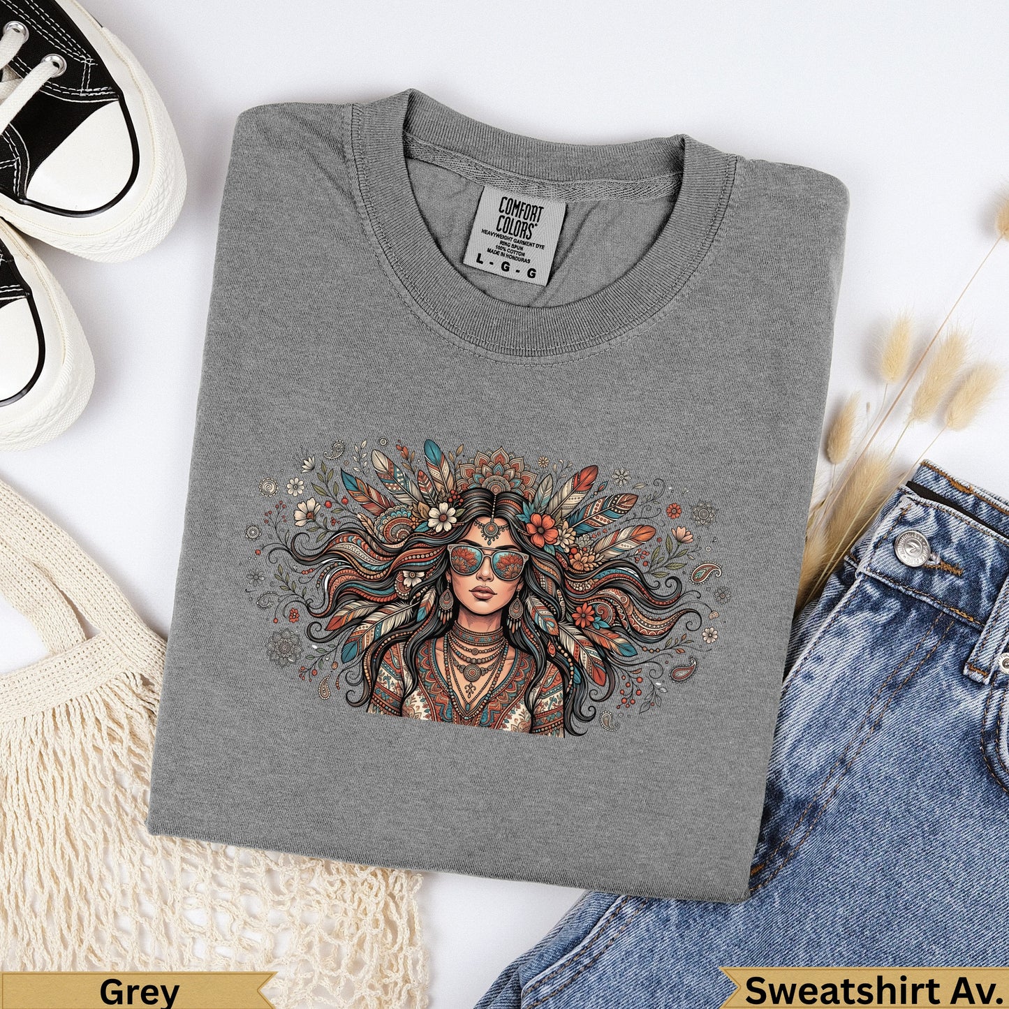 Grey sweatshirt with boho woman illustration and floral details.