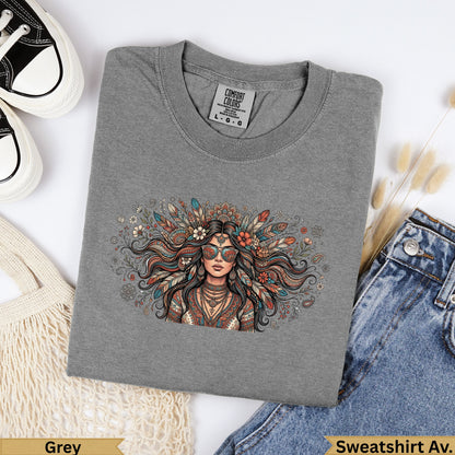 Grey sweatshirt with boho woman illustration and floral details.