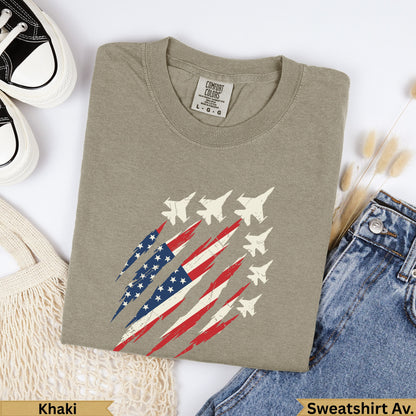 Khaki sweatshirt with distressed American flag jet graphic.