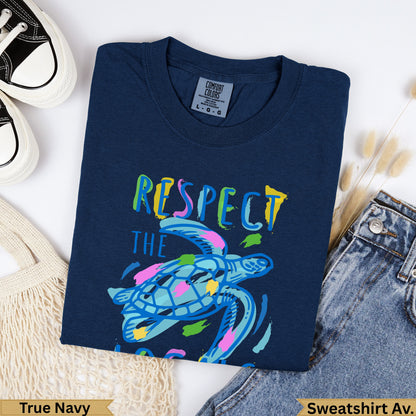 Navy sweatshirt with colorful sea turtle graphic and "RESPECT THE" text.