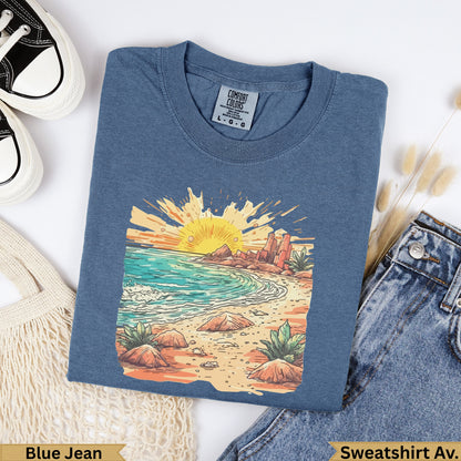 Blue denim sweatshirt with a beach sunset graphic and "Blue Jean Sweatshirt Av." text.