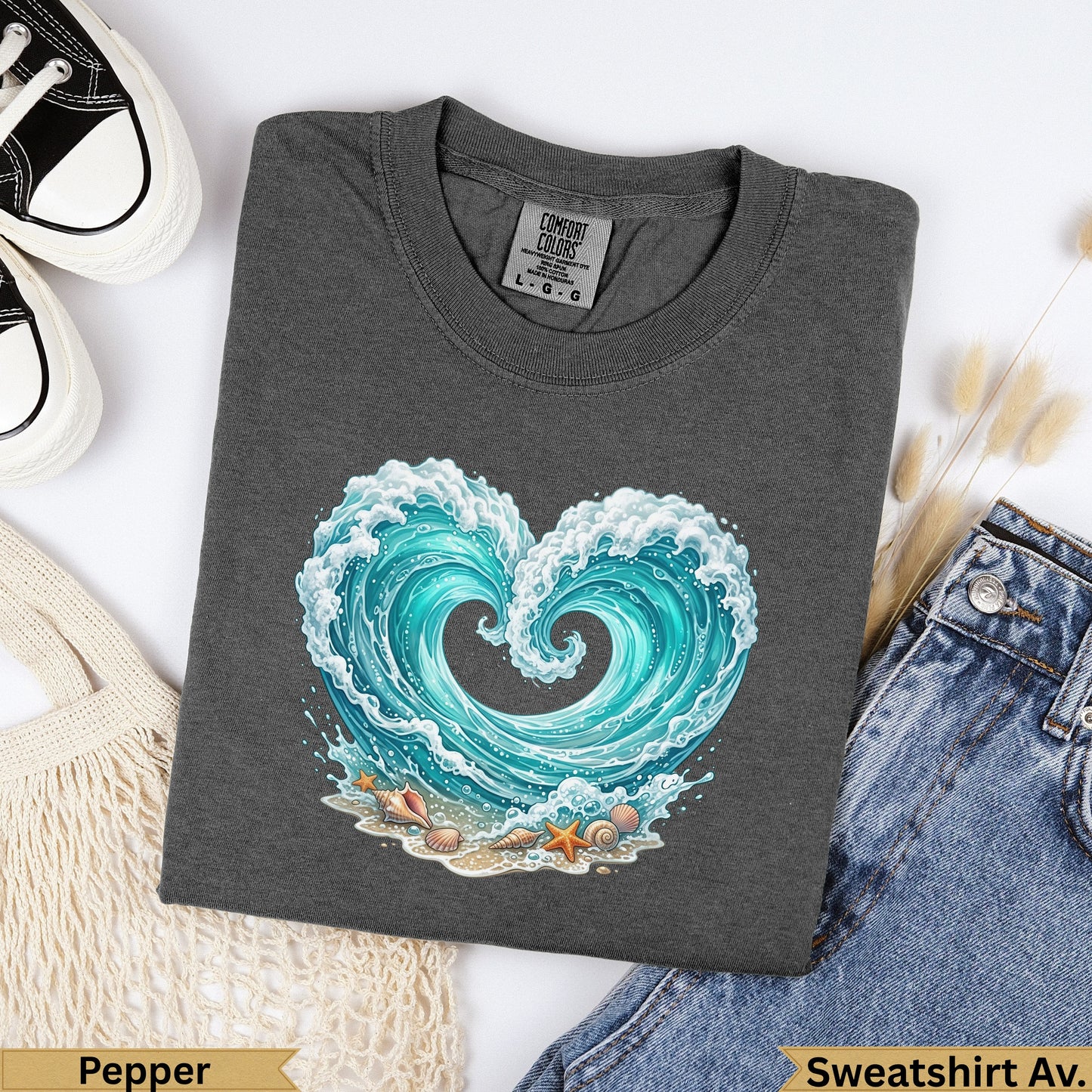 Charcoal t-shirt with a heart-shaped ocean wave design and text "Pepper".
