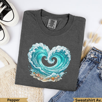 Charcoal t-shirt with a heart-shaped ocean wave design and text "Pepper".