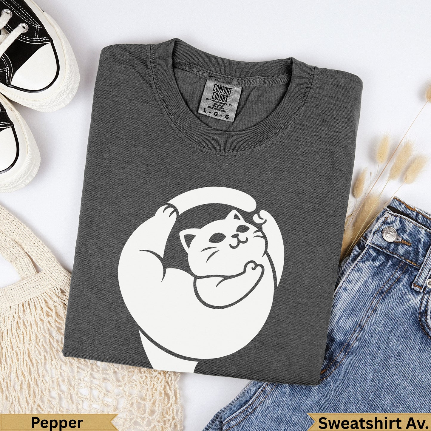 Dark gray Comfort Colors sweatshirt with a white cartoon cat doing yoga.