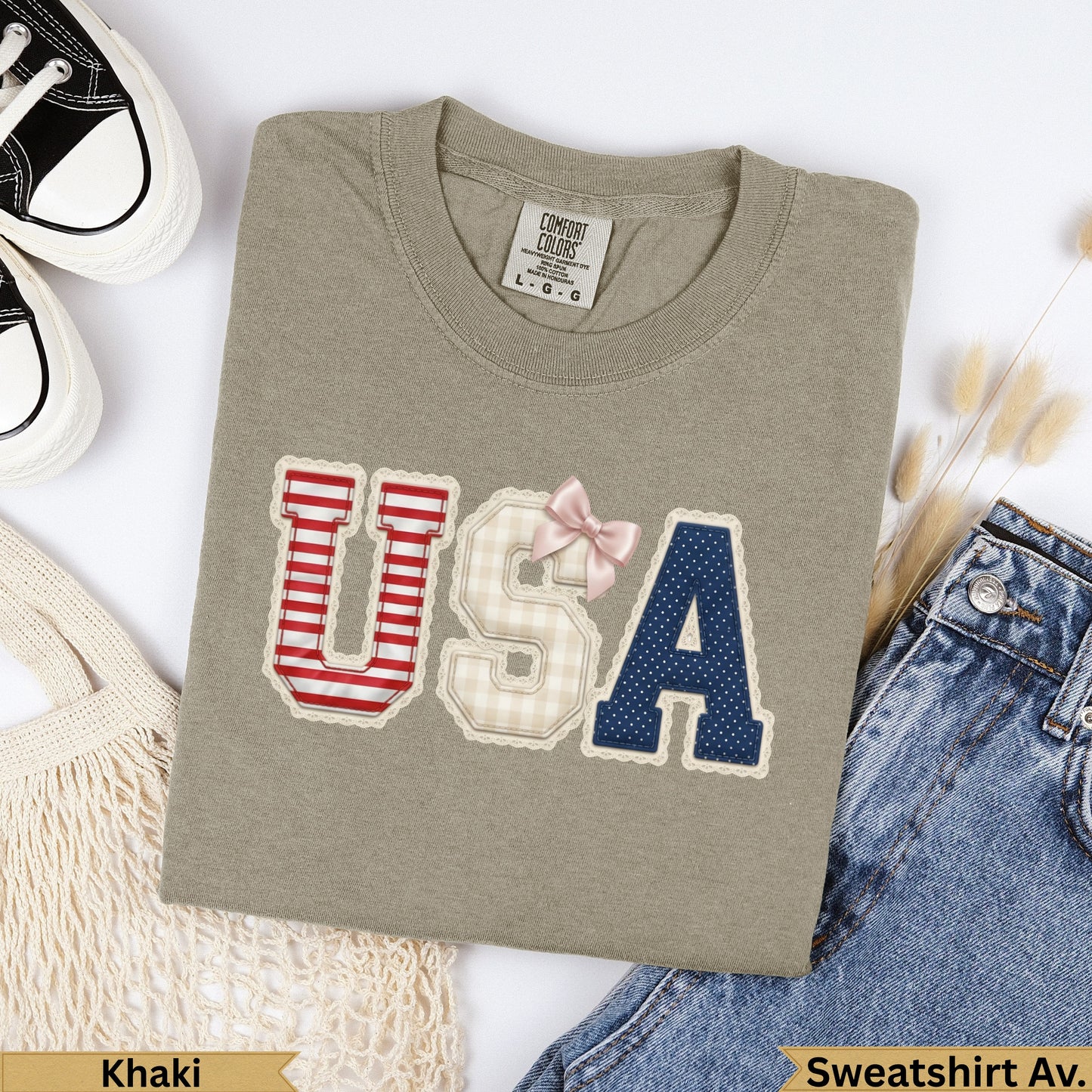 Khaki Comfort Colors sweatshirt with "USA" in patriotic patch design.