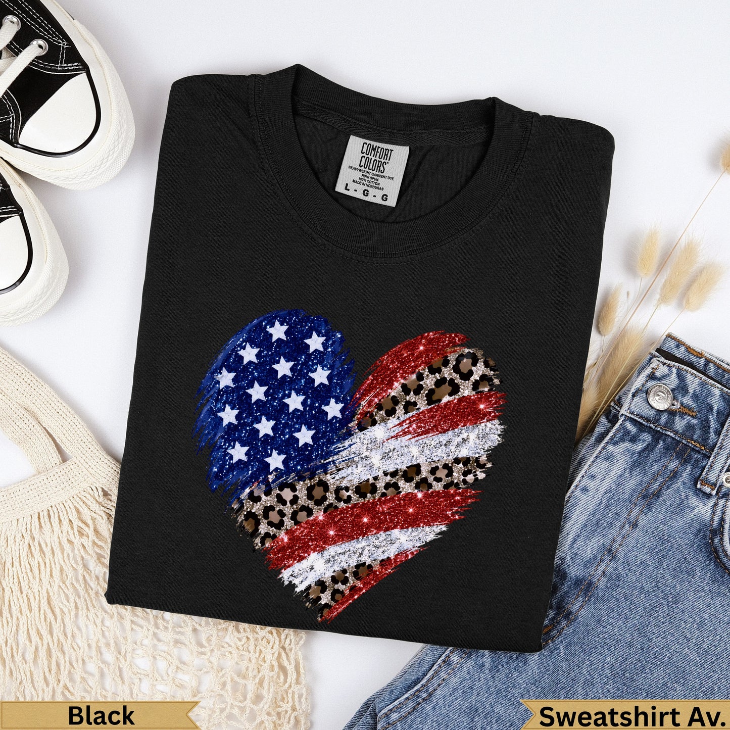 Black Comfort Colors t-shirt with glitter American flag leopard heart graphic.