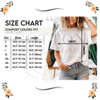 Comfort Colors 1717 unisex t-shirt size chart with chest and length measurements.