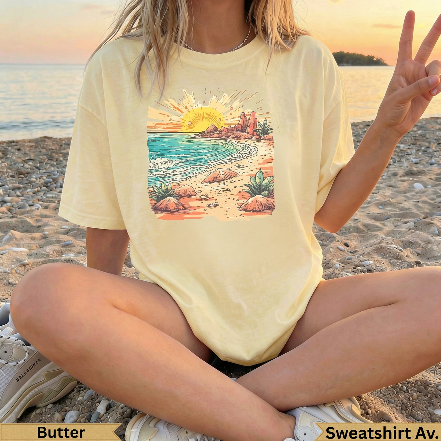 Yellow t-shirt with desert sunset graphic and "Butter" text.