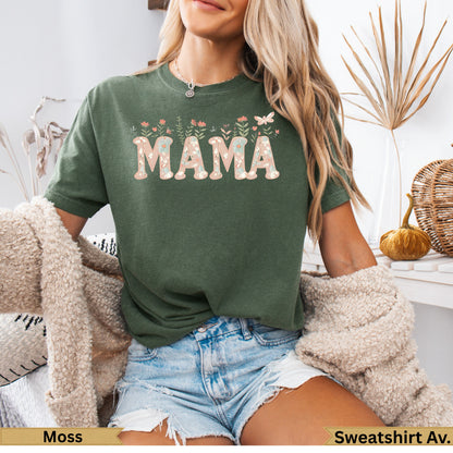 Green crewneck t-shirt with "MAMA" in floral lettering.