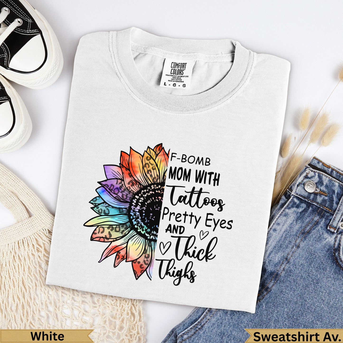 White Comfort Colors sweatshirt with sunflower graphic and text.
