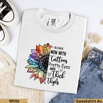 White Comfort Colors sweatshirt with sunflower graphic and text.