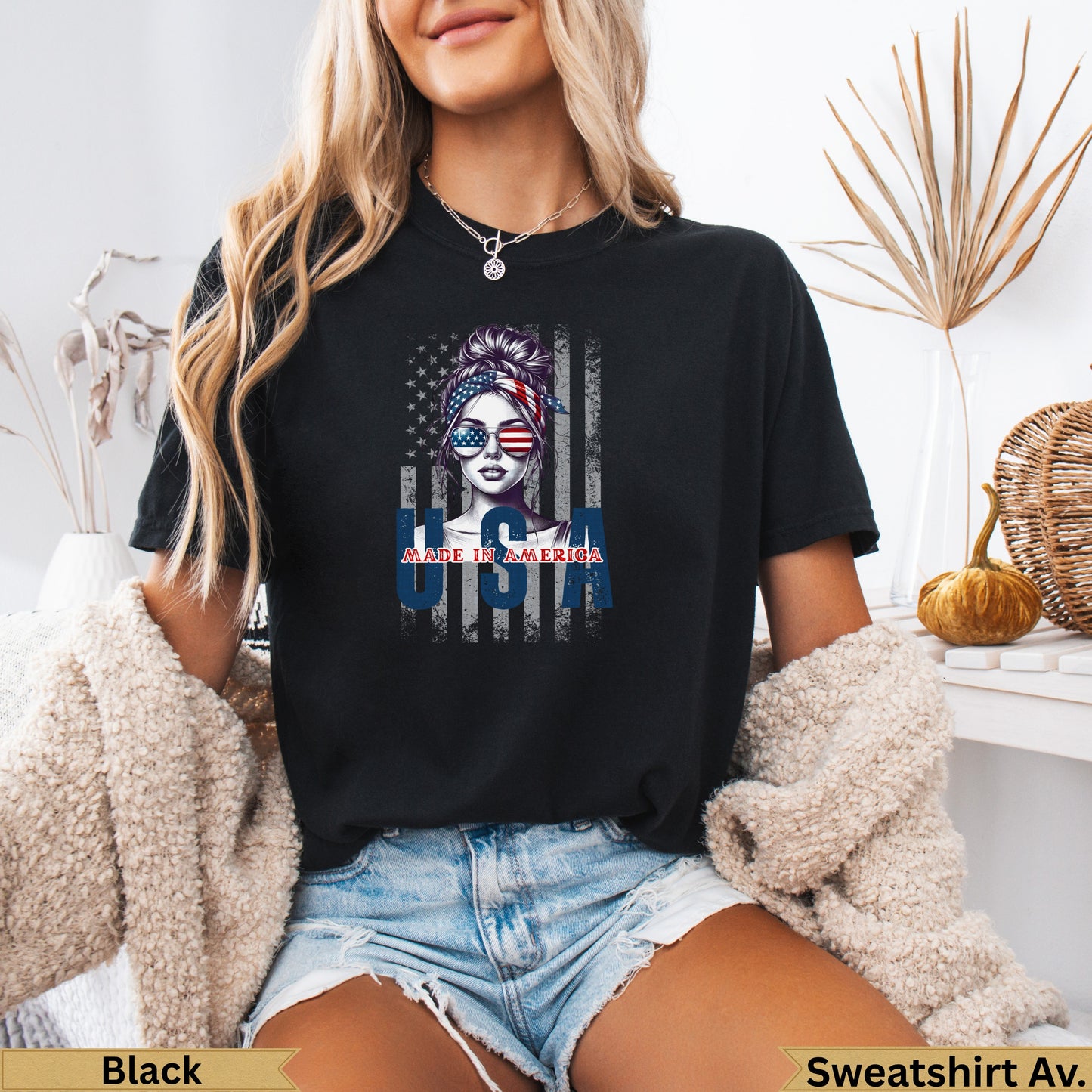 Black t-shirt with American flag design and "USA" text.