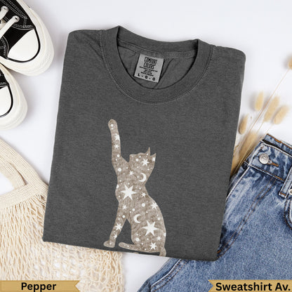 Charcoal t-shirt with celestial cat graphic, "Pepper" and "Sweatshirt Av." text.