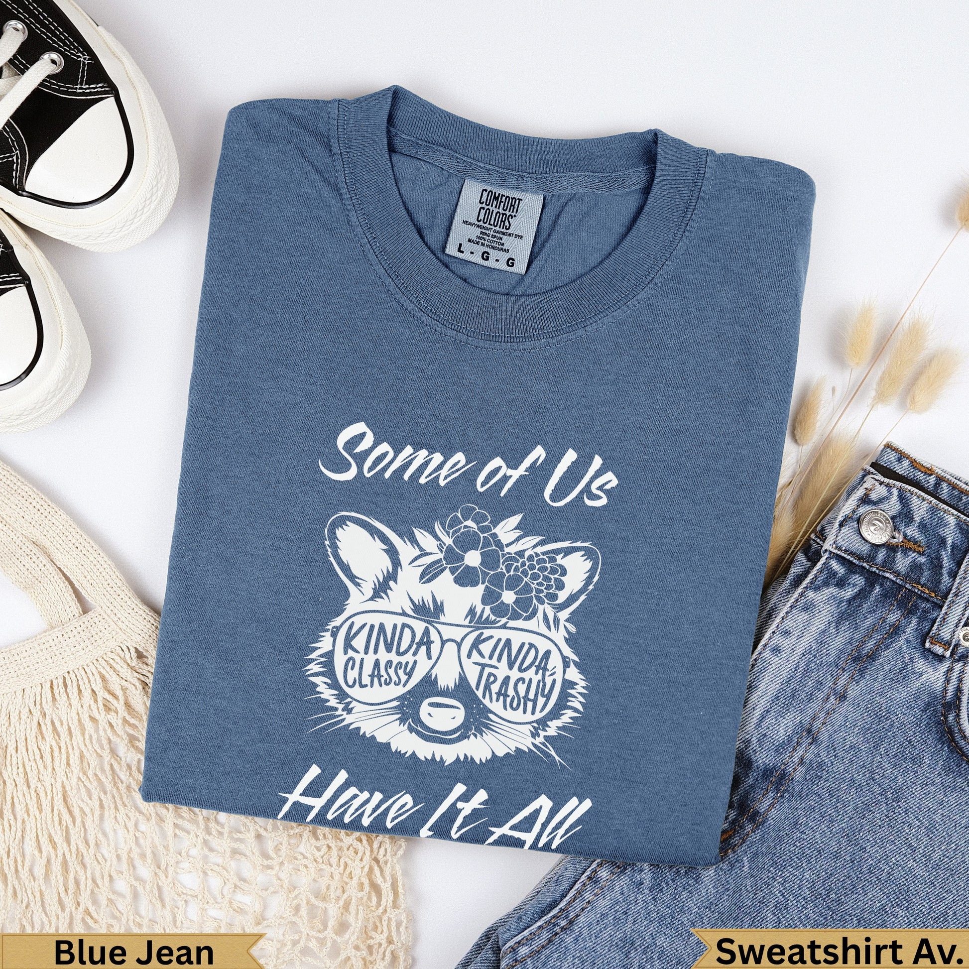 Blue jean graphic t-shirt with raccoon wearing sunglasses and text "Some of Us Kinda Classy Kinda Trashy Have It All".