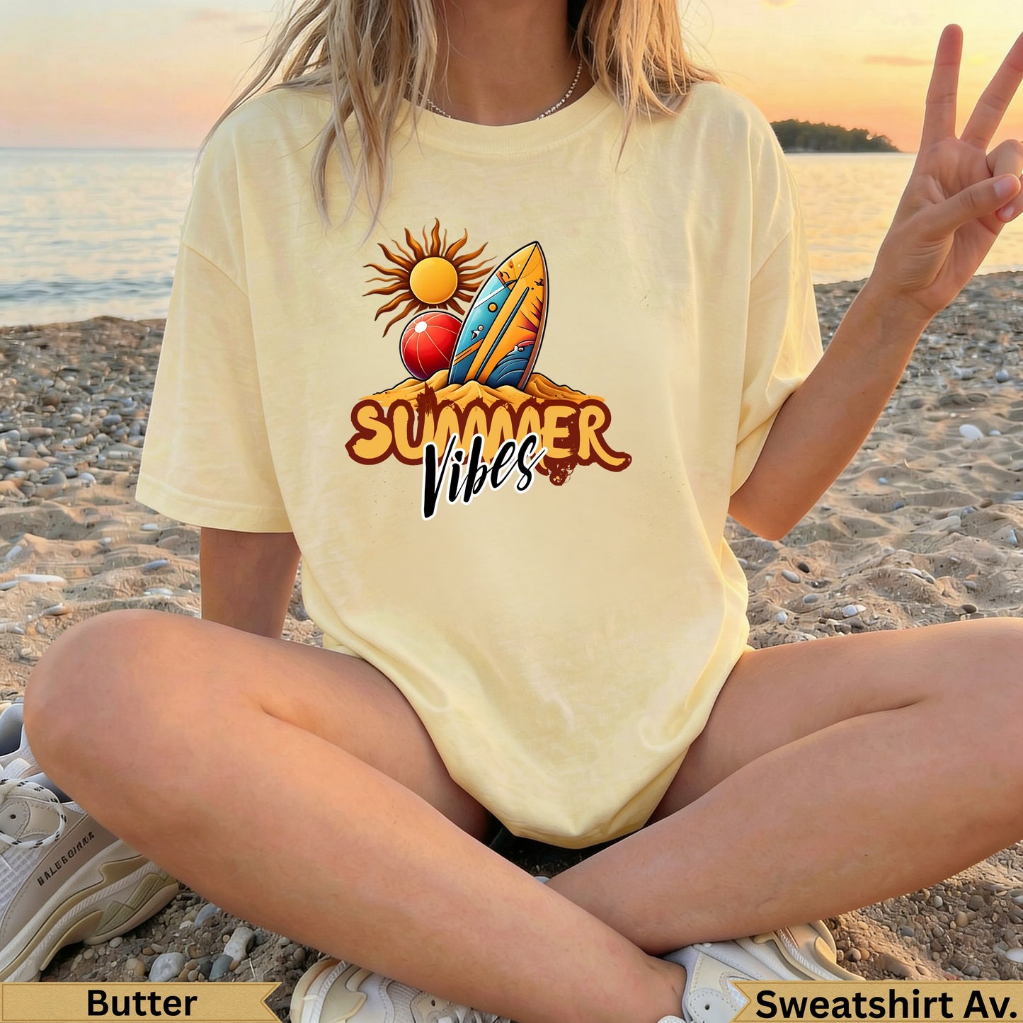 Yellow t-shirt with "Summer Vibes" text, surfboard, and sun graphic.