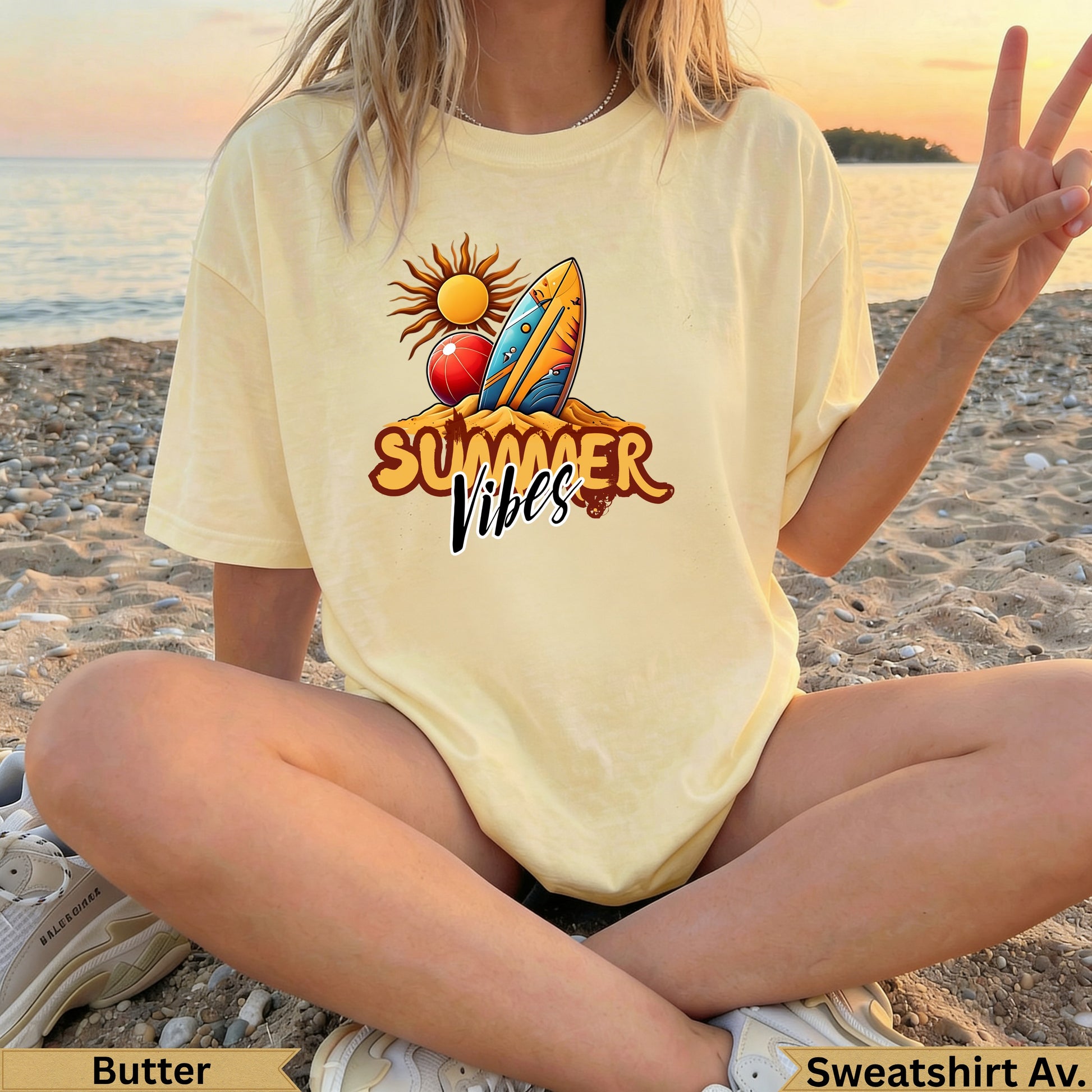 Yellow t-shirt with "Summer Vibes" text, surfboard, and sun graphic.