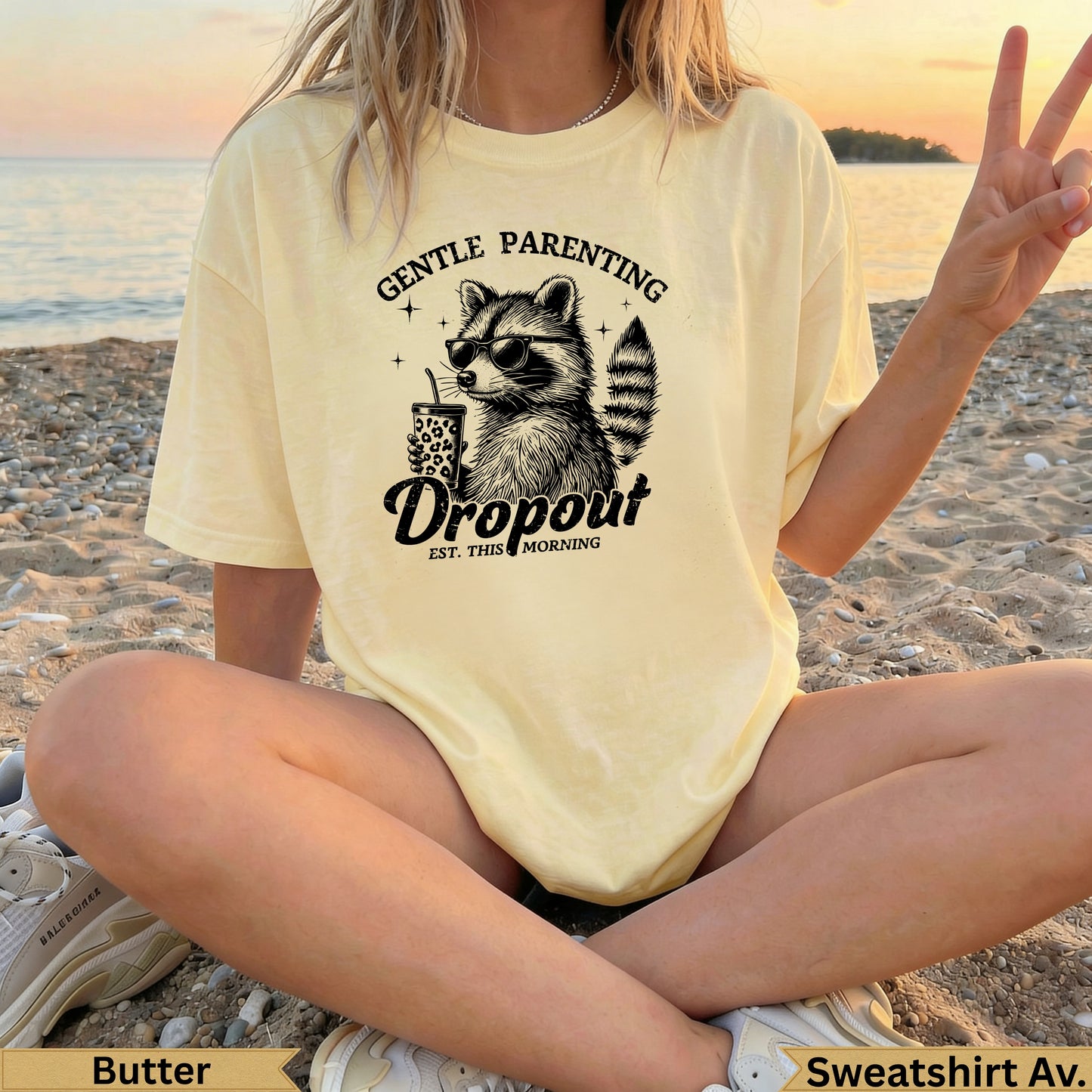 Yellow t-shirt with raccoon holding a coffee cup and "Gentle Parenting" text.