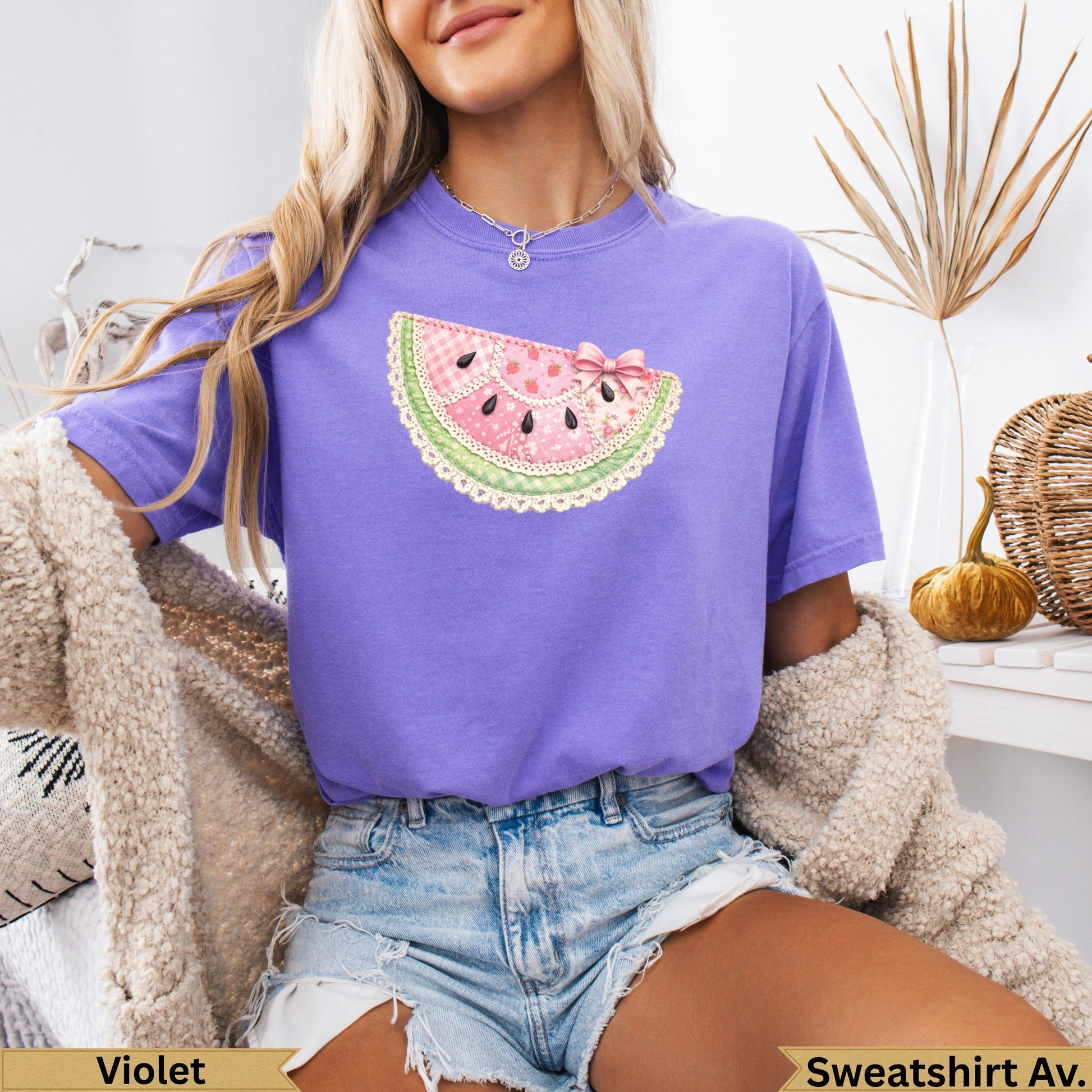 Purple t-shirt with watermelon slice graphic, pink checkered pattern, and lace trim.