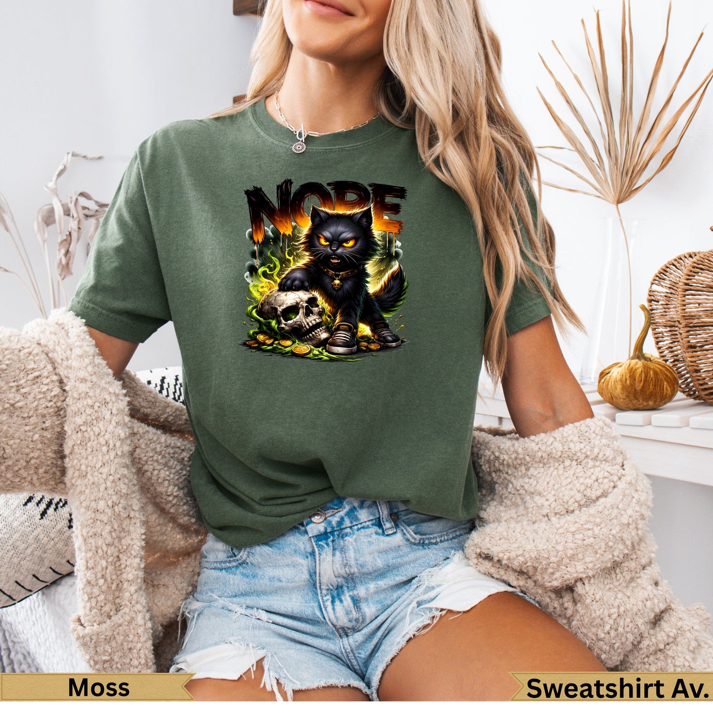 Green t-shirt with a black cat, skull, and "Nope" text.