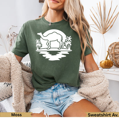 Olive green t-shirt with camel silhouette and palm trees graphic.