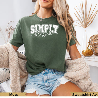 Green crewneck sweatshirt with "SIMPLY BLESSED" text.