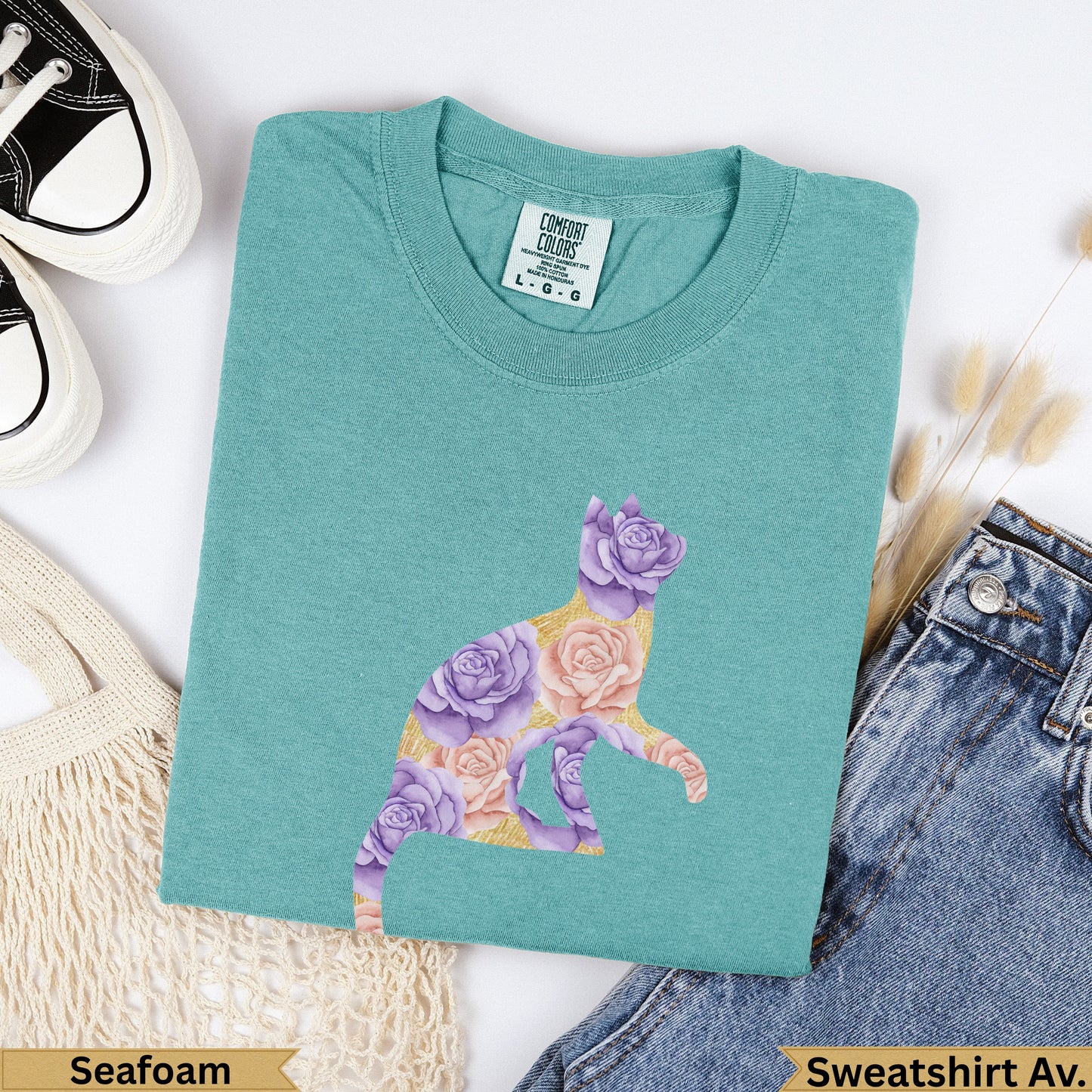 Teal Comfort Colors sweatshirt with floral cat graphic, labeled Seafoam.