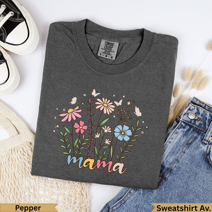 Dark gray t-shirt with "mama" and colorful flowers, butterflies, and leaves design.