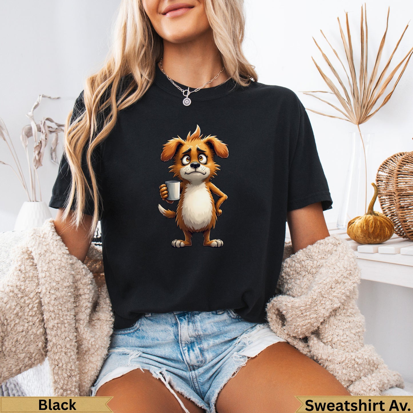 Cartoon dog in a black t-shirt holding a coffee mug.