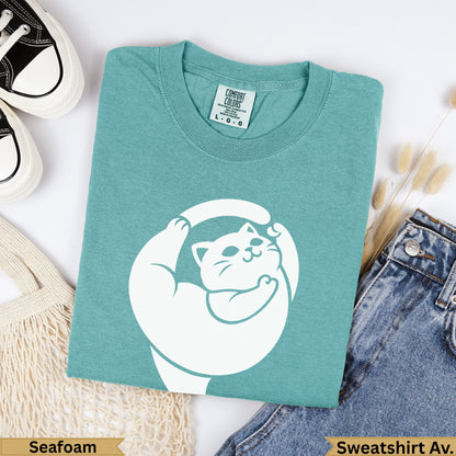 Teal Comfort Colors sweatshirt with white cat graphic, "Seafoam" and "Sweatshirt Av." text.