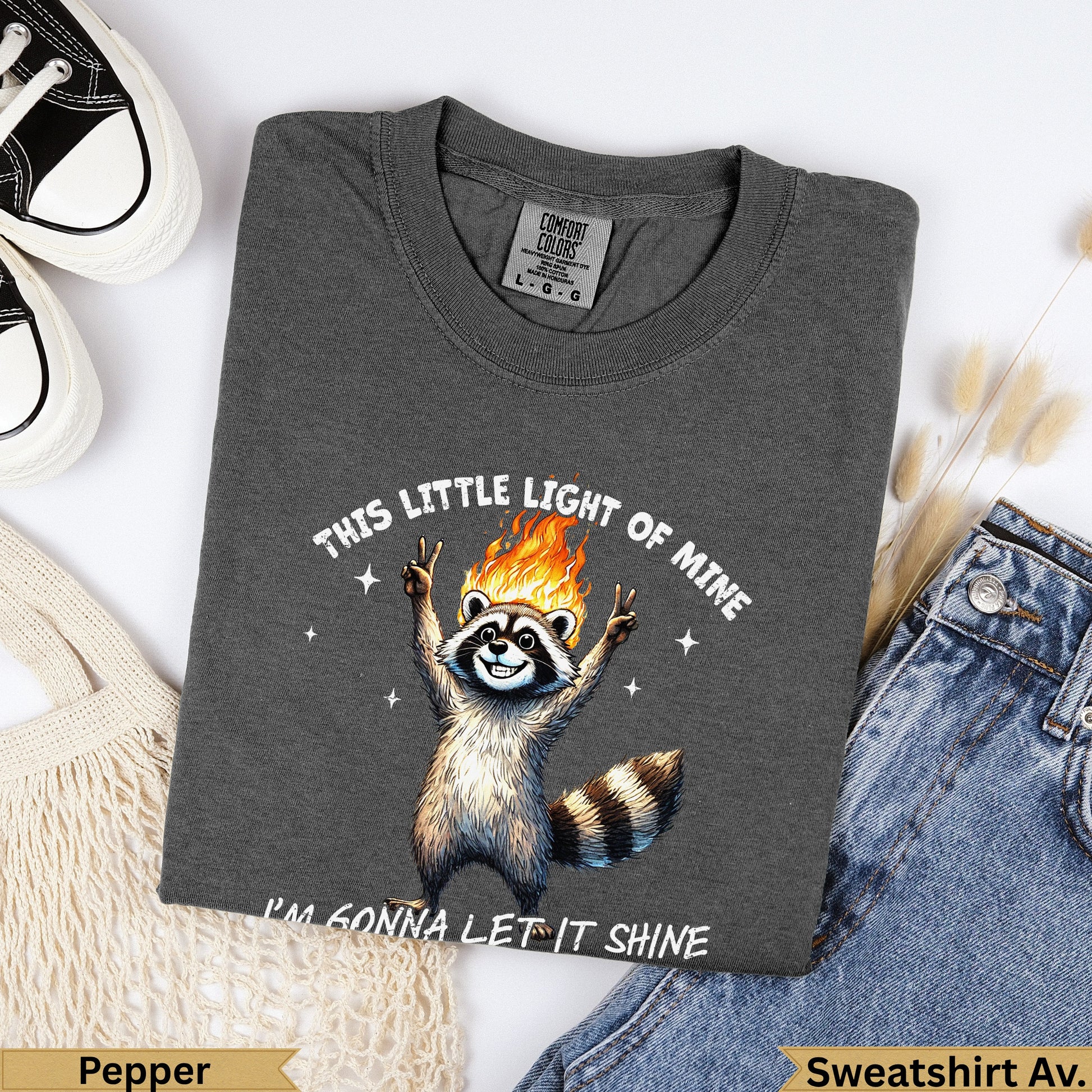 Dark charcoal t-shirt with raccoon graphic and text.