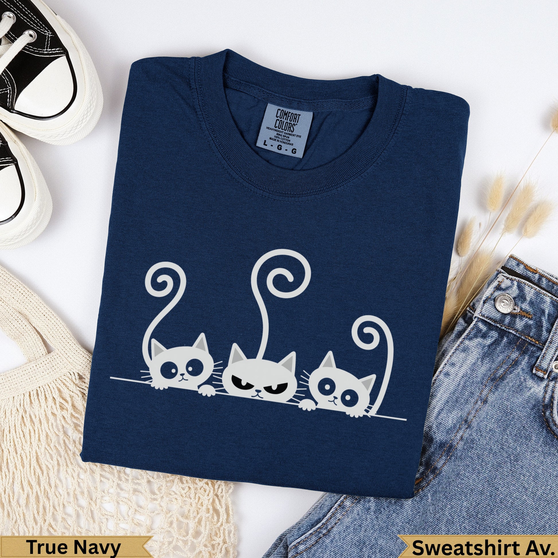 Navy t-shirt with three cartoon cats and "True Navy" text.
