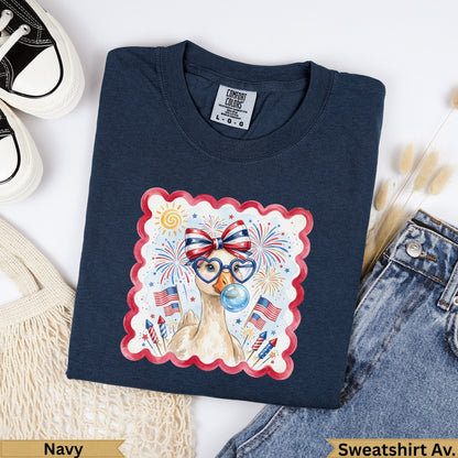 Navy sweatshirt featuring a cartoon goose in heart sunglasses with fireworks.