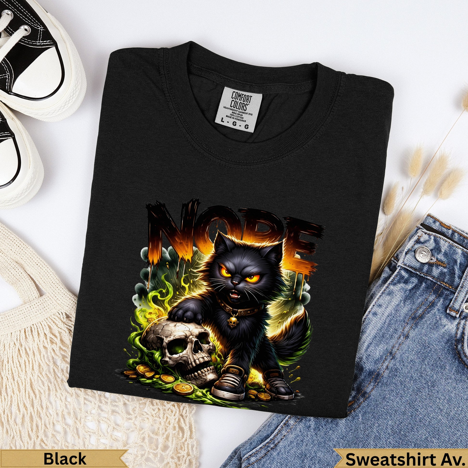 Black Comfort Colors sweatshirt with cat on skull, "NOPE" graphic.