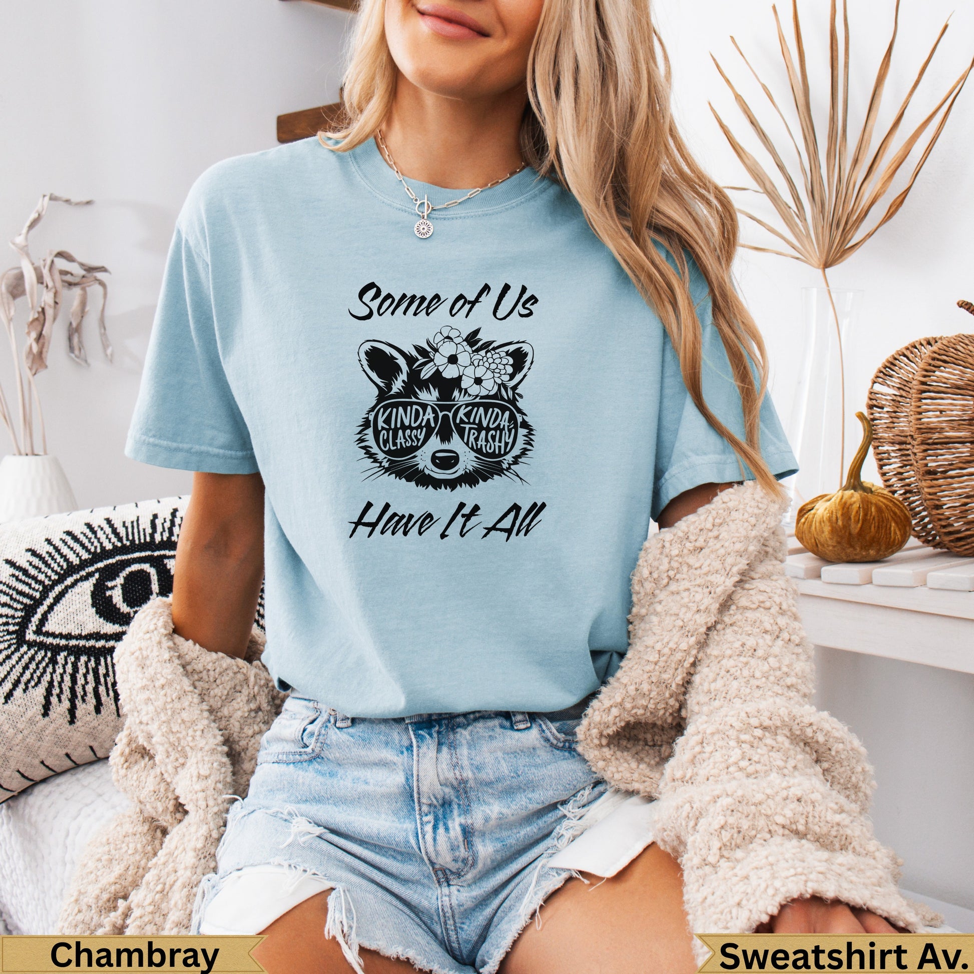 Light blue t-shirt with "Some of Us Kinda Classy Kinda Trashy Have It All" text.