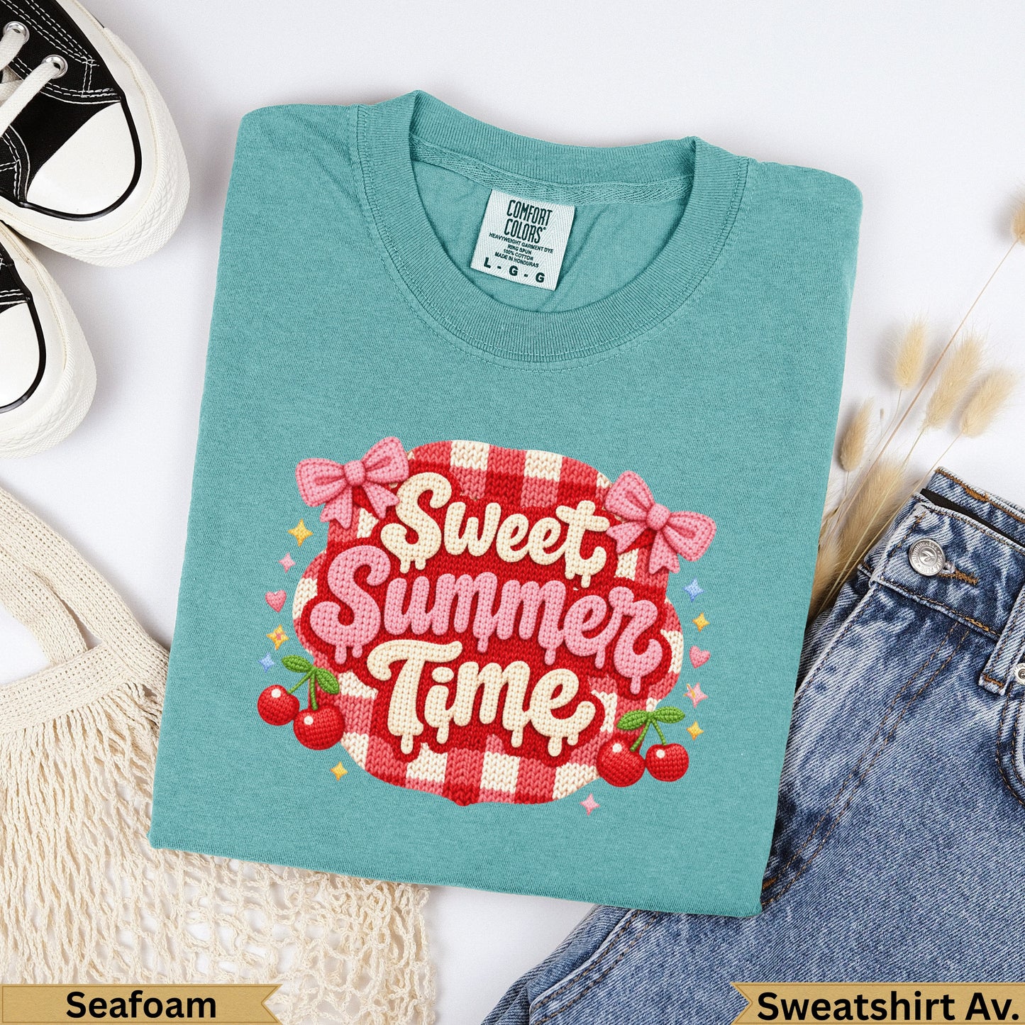 Teal t-shirt with "Sweet Summer Time" in playful text and cherries.
