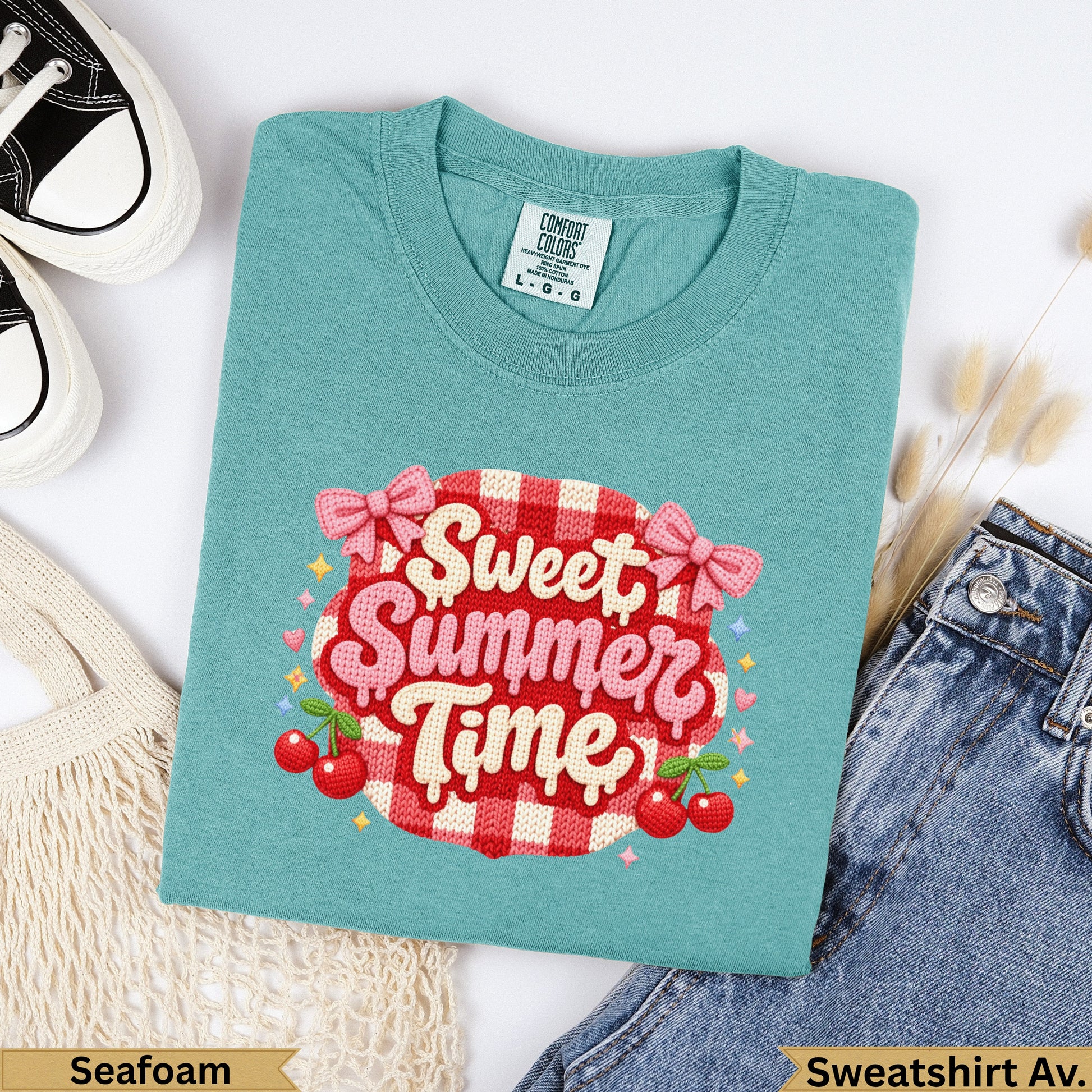 Teal t-shirt with "Sweet Summer Time" in playful text and cherries.