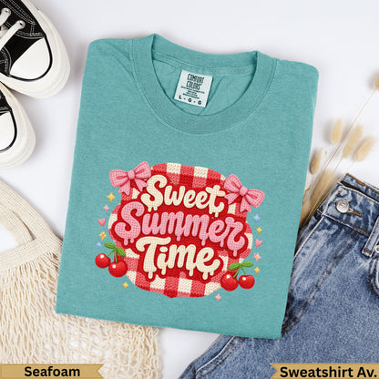 Teal t-shirt with "Sweet Summer Time" in playful text and cherries.
