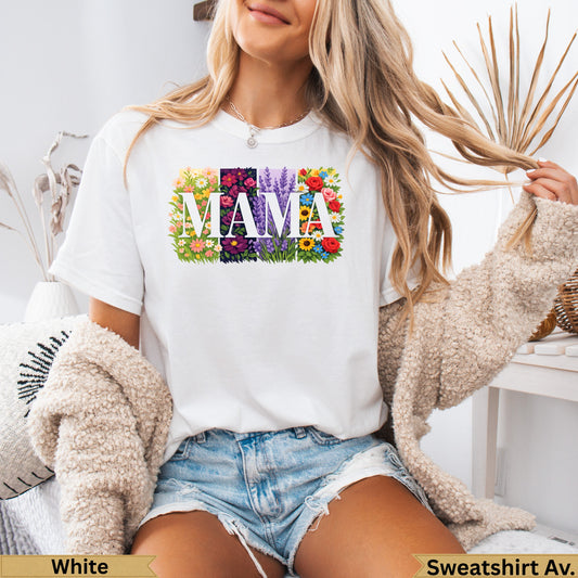 White crew neck t-shirt with floral "MAMA" graphic.