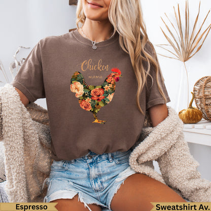 Brown t-shirt with floral chicken design and "Chicken Mama" text.