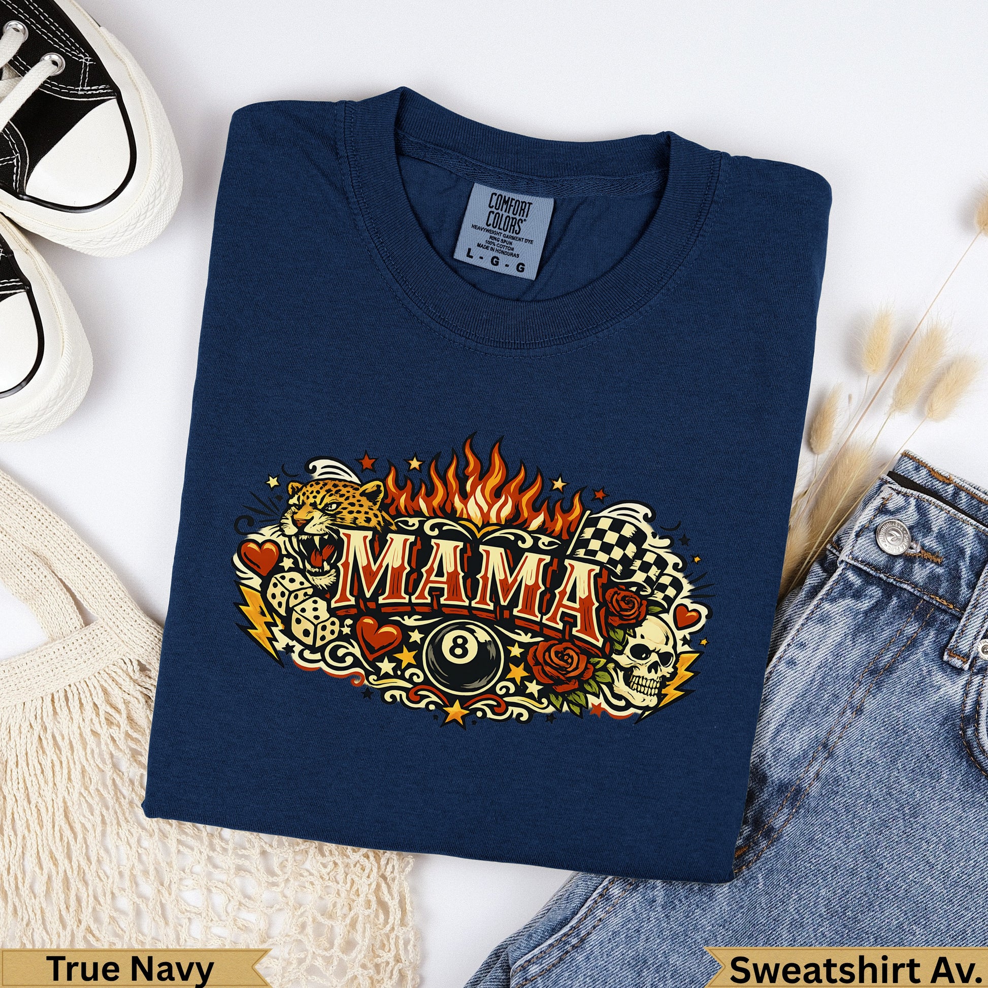 Navy sweatshirt with "MAMA" graphic featuring skull, dice, checkered flags, and flames.