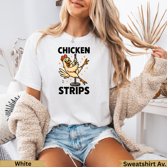 White t-shirt with cartoon chicken on pole, "Chicken Strips" text.