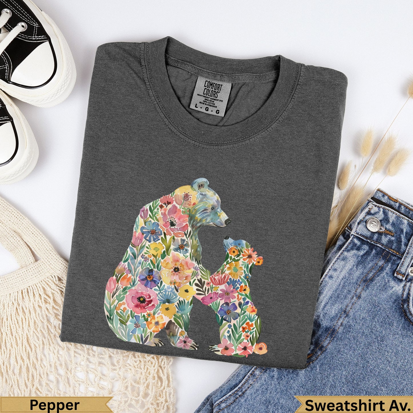 Dark gray sweatshirt with watercolor bear and cub made of flowers.