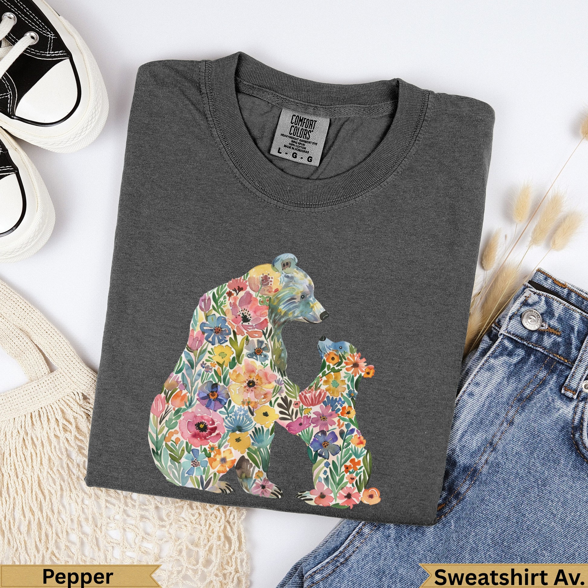 Dark gray sweatshirt with watercolor bear and cub made of flowers.