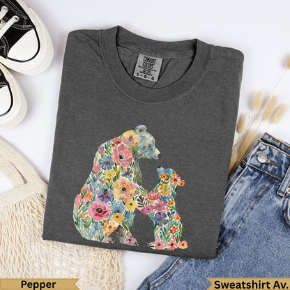 Dark gray sweatshirt with watercolor bear and cub made of flowers.