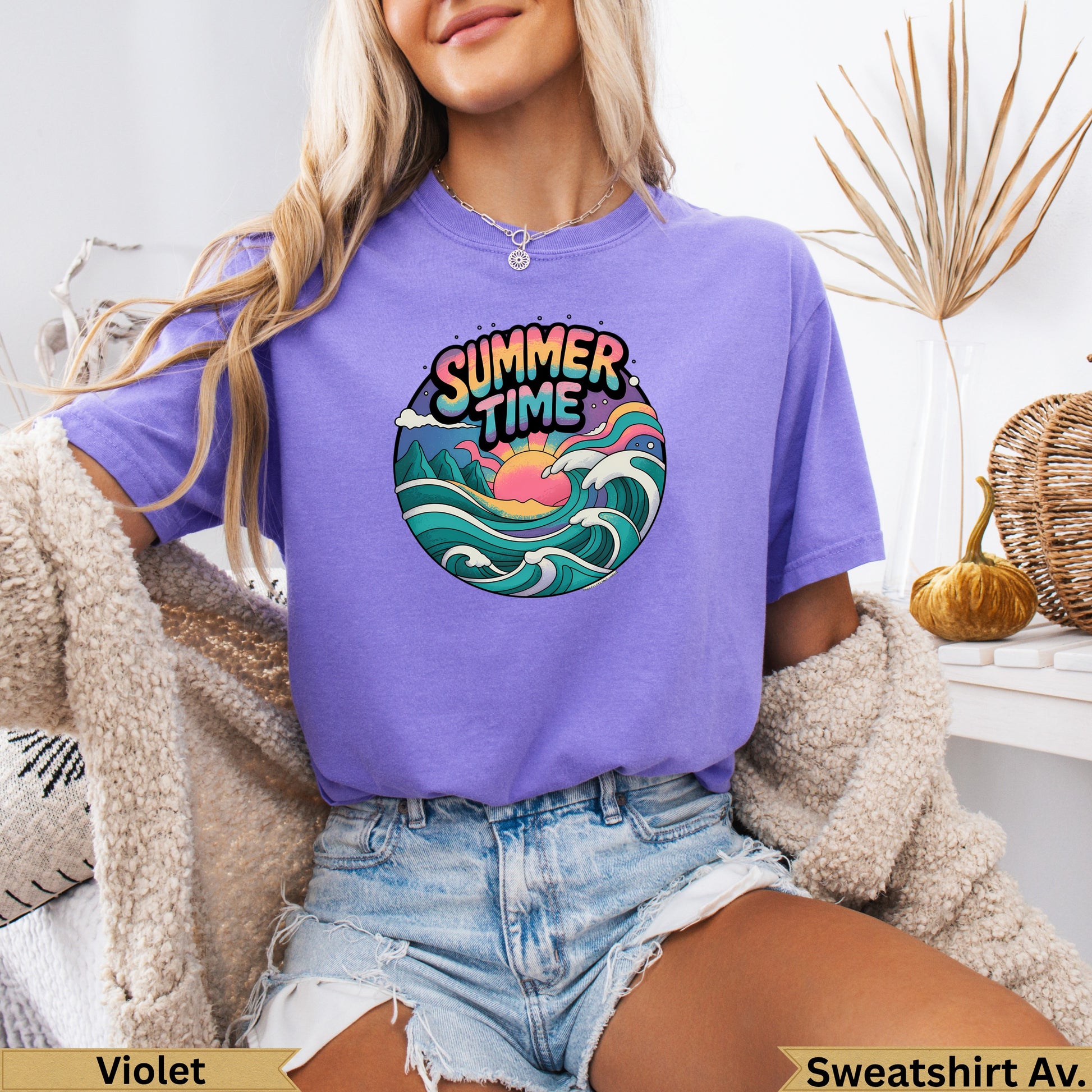 Purple t-shirt with "Summer Time" text and ocean wave graphic.