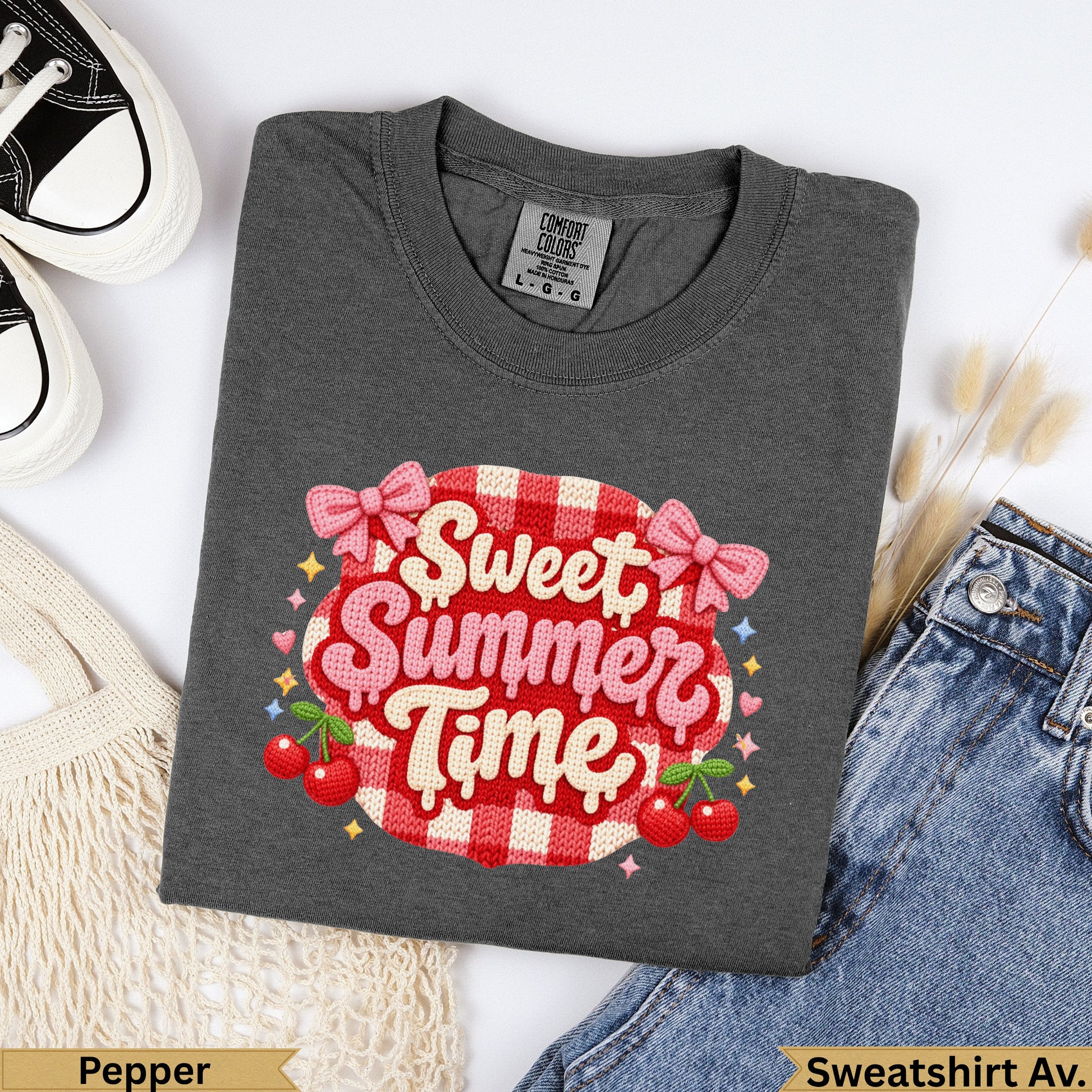 Dark gray t-shirt with "Sweet Summer Time" text and cherry graphic.