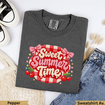 Dark gray t-shirt with "Sweet Summer Time" text and cherry graphic.